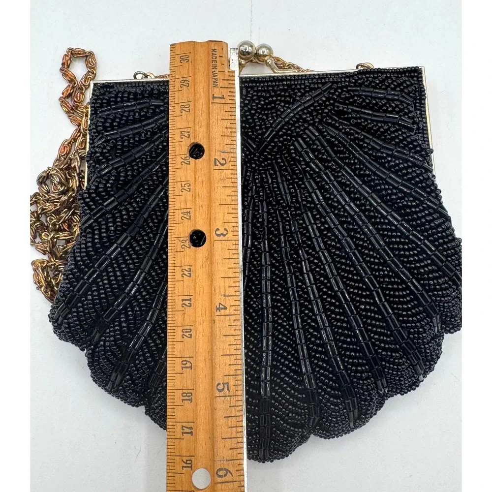 Walborg Vintage Black Beaded Shell Clutch Evening Bag Gold Chain Strap Hong Kong